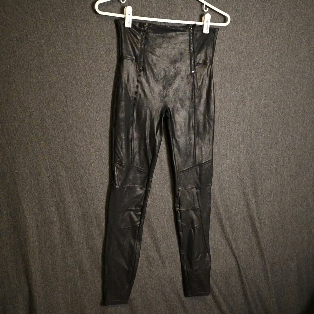 Spanx Women's M Hip Zip Leggings Moto Black Faux Leather Stretch